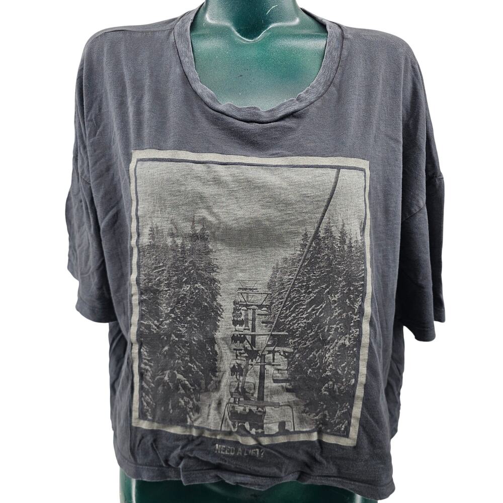 Aerie Distressed Black Need a Lift Ski Cropped Tee Top Women's XL 4192